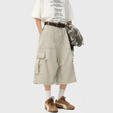 BONSIR  -  Summer Cotton Casual Pants Men Pocket Cargo Pants Men Japanese Streetwear Hip-hop Loose Wide Leg Pants Mens Calf-Length Pants