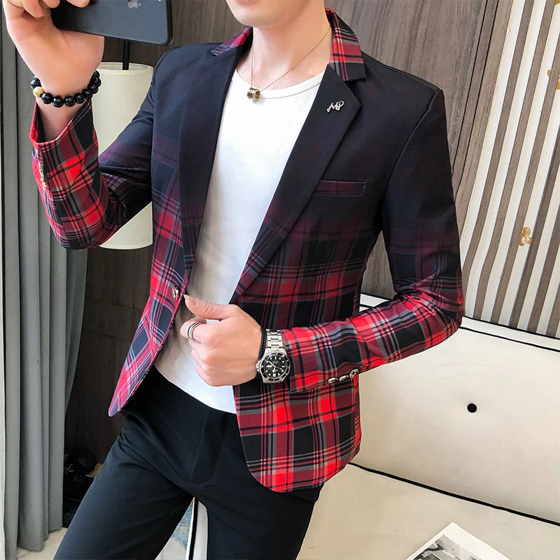 Bonsir Spring New Colorblock Plaid Blazer Men Slim Casual Man Blazers Wedding Business Party Clothing Dress Coat Blazer M-3XL