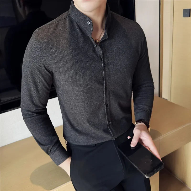 Bonsir Autumn Winter Thickened Woolen Warm Stand-up Collar Shirt High Quality Men Business Slim Fit Casual Shirt Men's Clothing 4XL-M