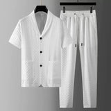 BONSIR  -  Fashion Men's Two Piece Sets Spring Summer Casual Short Sleeve Shirts Pants Suit Solid Geometry Pattern Printed Outfit Men