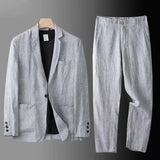 BONSIR  -  Spring Autumn Fashion Men Linen Two-piece Set Blazer Jacket + Pants Solid Slim Fit Casual Business Thin Clothing Breathable Suit