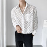 Bonsir Sexy Translucent Hollow Plaid Shirt Korean Fashion Loose Casual Long Sleeve Shirt Male Dress Shirts Tops Stage Clothes