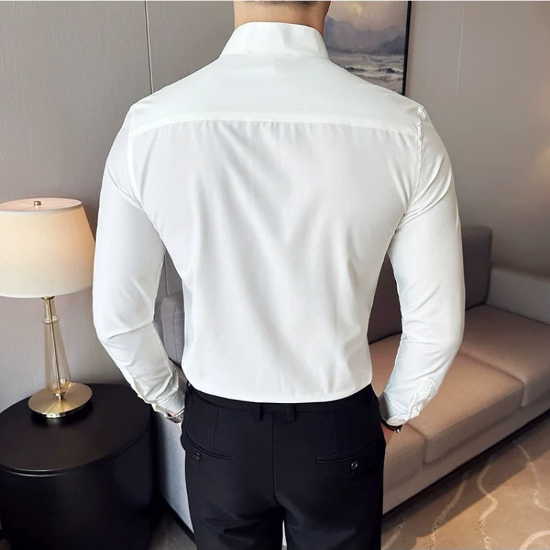 Bonsir Autumn New Stand Collar Solid Slim Shirts Mens Hide Buttons Design Luxury Long Sleeve Party Wedding Business Dress Shirts