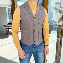 Bonsir Fashion Casual Tooling Vest Formal Herringbone Tweed Brown V Neck Wool Waistcoat Business Vest Groomman for Wedding Prom B18