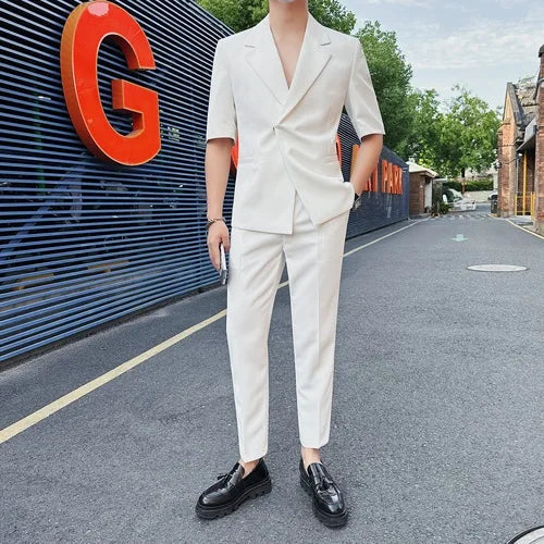 Bonsir Summer Side Button Short Sleeved Suit Men Slim Fit Business Casual Solid Color Loose Suits Homme (Jacket + Pants+Belt)