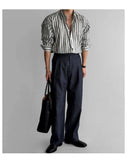 BONSIR  -  New Naples Business Men Shirts Light Luxury Textured Lapel Striped Long Sleeve Cardigan Leisure Premium Commuter Blouse M-2XL
