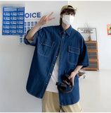 BONSIR  -  Summer Casual Denim ort Sve irt Men Versatile Trendy Waed Five Sve Workwear Jaet Loose Fit Multi ket Jeans