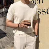 BONSIR  -  Summer Casual Mens Ice Silk Knit Tops Leisure Breathable Solid Color Slim Knitting T Shirts Men Fashion Short Sleeve Tees