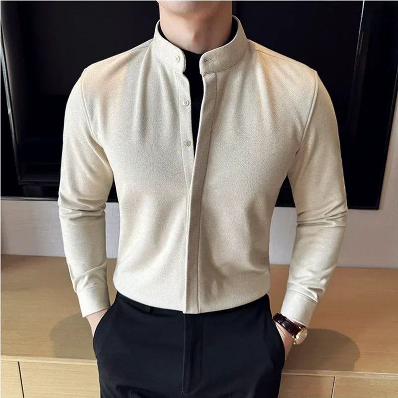 Bonsir Autumn Winter Fake 2-Piece Stand-up Collar Warm Shirt High Quality Thickened Woolen Men Business Slim Fit Casual Shirt 4XL-M