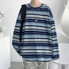 BONSIR  -  Fashion Long Sleeve Mens T Shirts Striped Tops Style Loose Casual Female Tshirt