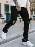 BONSIR  -  Men's Slim Fit Black Jeans - Street Style, Cotton Blend, Mid-Stretch Fabric, Ripped Detail, All-Season Wear