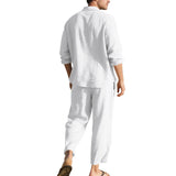 BONSIR  -  Summer Casual Mens Linen Two Piece Suits Leisure Breathable Long Sleeve Shirt And Trousers Men Outfits Fashion Solid Color Sets