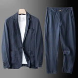 BONSIR  -  Spring Autumn Fashion Men Linen Two-piece Set Blazer Jacket + Pants Solid Slim Fit Casual Business Thin Clothing Breathable Suit