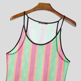 BONSIR  -  Men Tank Tops Striped Colorful See Through Mesh Male Vests Summer Sexy O-neck Sleeveless Fashion Men Clothing Tops 2025