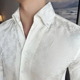 Bonsir High Quality Jacquard V-neck Shirt Men's Long Sleeved Slim Fit Casual Business Social Party Tuxedo Dress Shirts Black/White 4XL