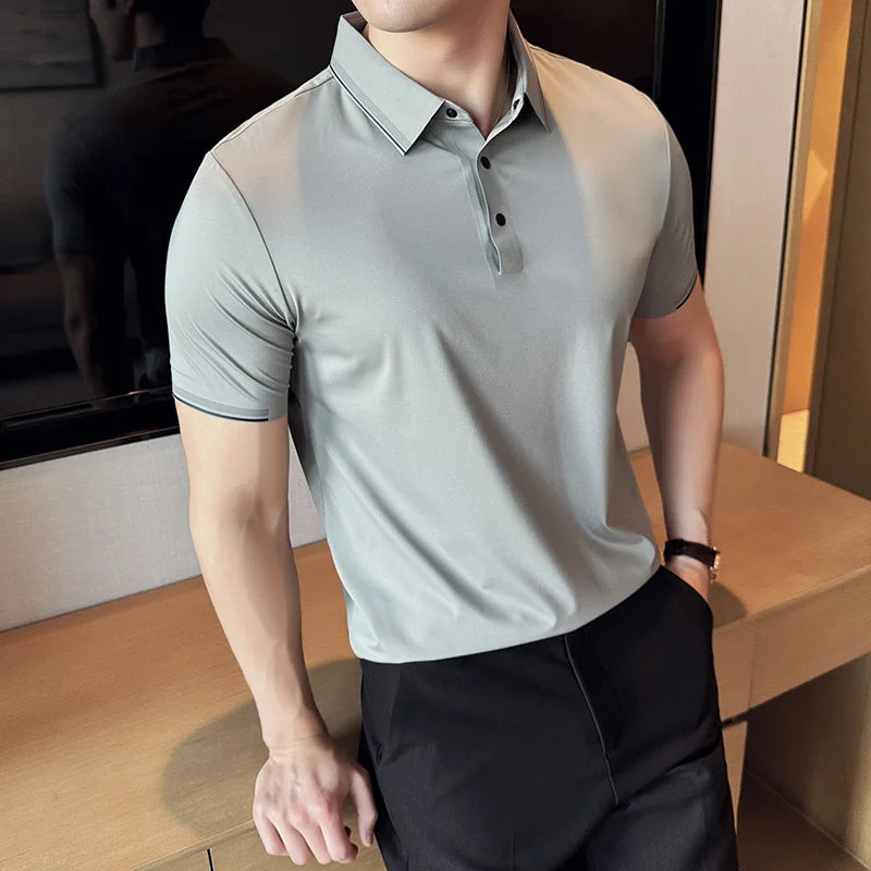 Bonsir Summer New High Elastic Seamless Polo Shirt Men Contrasting Color Short Sleeved Lapel T-shirt Streetwear Polos Tops 4XL-M