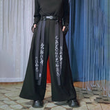 Bonsir Y2k Calligraphy Ribbon Skirt Pants Gothic Dark Style Hakama Genderless Japanese Streetwear Casual Wide-Leg Samurai Pants Unisex