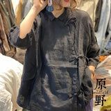BONSIR  -  Chinese Style Buttoned Linen Shirt Spring and Summer New Elegant Stand-up Collar Slanted Sling Buttoned Loose Top