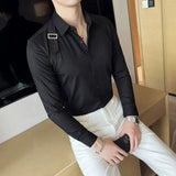 Bonsir Strap Decorative Design Shirt Mens Clothing Korean Long Sleeved Slim Fit Casual Shirts Nightclub Prom Show Dress Shirt