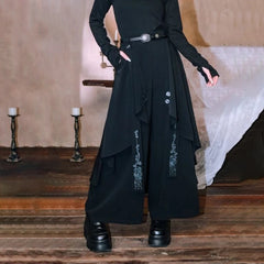 Bonsir Dark Gothic Embroidered Ribbon Layered Irregular Skirt Pants Genderless Streetwear Y2k Japanese Hakama Samurai Pants Unisex 2024