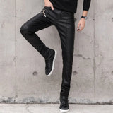 Bonsir New Riding Leather Pant Fashion Zipper Desgin Slim Fit Faux Leather Pants High Quality Men Casual Skinny Pants Streetwear
