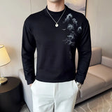Bonsir Ink Painting Printed T-shirt Men's Autumn Winter Half High Collar Velvet Slim Fit Long Sleeve Tee Warm Casual Base Inner TShirts