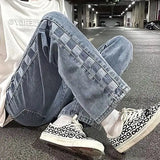 Bonsir Men and women hip-hop street trend straight leg personalized plaid design elastic waist tied jeans retro loose casual pants y2k