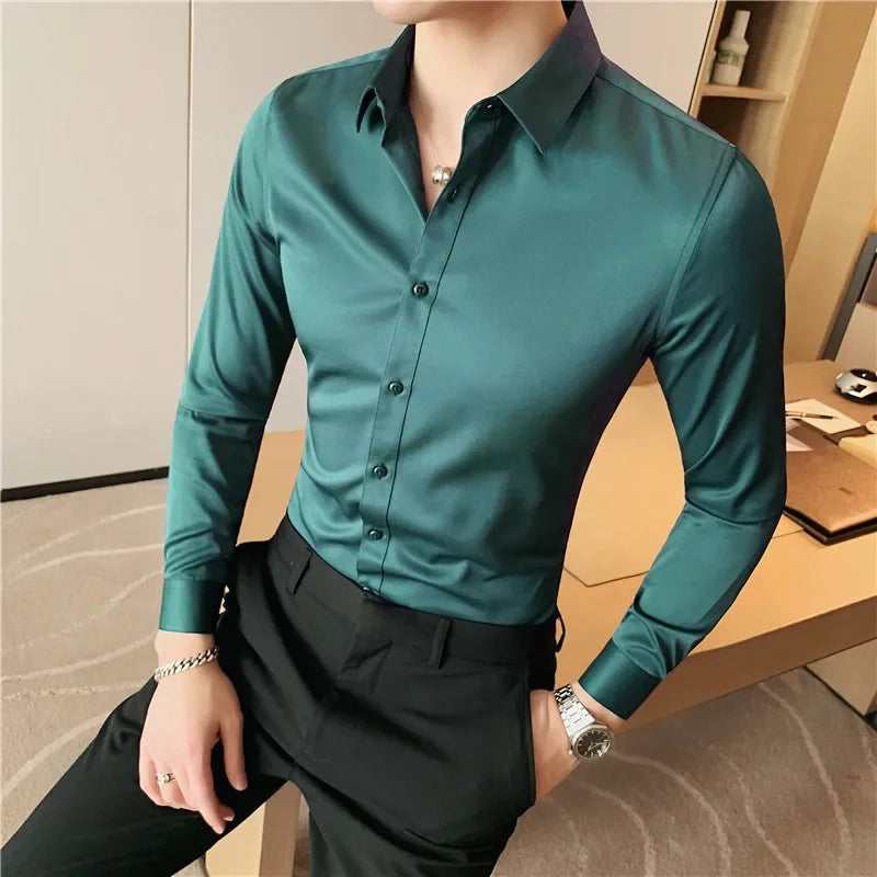 Bonsir Plus Size 7XL-S Men Shirt High Quality Fashion Solid Slim Fit Business Shirt Formal Casual Social Party Dress Men's Clothing