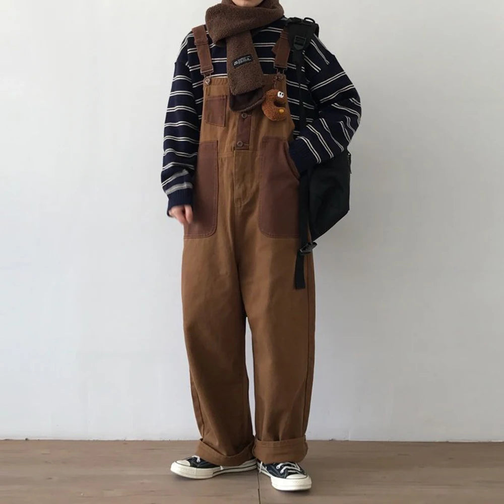 Bonsir Mens Japanese Workwear Style Casual Jumpsuit 2024 New Genderless Fashion Trend Loose Color Blocking Versatile Overalls Unisex