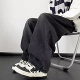 BONSIR  -  Retro Japanese Sle Dstring Loose Waist Denim Jeans for Men High Street Wide Leg Pants Youthful Trendy Long Trousers