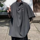 BONSIR  -  Irregular Fashion Y2k Mens High Collar Side Buckle Design Summer Short-Sleeved Shirt Mens Casual Gender-Free Senior Shirt