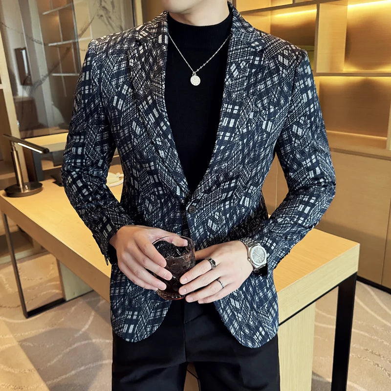 Bonsir Camouflage Grid Suit Jacket For Men New Business Casual Slim Blazer Korean Luxury High Quality Wedding Business Suit Coats