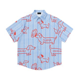 BONSIR  -  Summer Mens Striped Short Sleeve Shirts Hip Hop Dogs Print Blouses Harajuku Streetwear Vintage Casual Fashion Loose Shirts Male