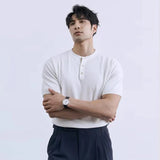 BONSIR  -  New Fashion American Style Men T-shirt Luxury Striped Knitted Henry Collar Tees Casual Solid Color Short Sleeve Breathable Tops