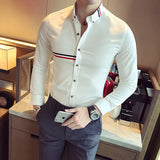 Bonsir Fashion Casual Color Stripes Webbing Decoration Shirts Men's Slim Fit Casual  Long Sleeve Dress Shirt Social Chemise Homme