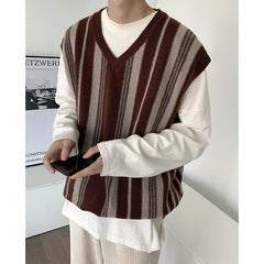 Bonsir Korean Fashion Winter V-neck Mens Sweater Vest Sleeveless Trend Personality Loose Casual College Mens Vintage Knitted Vest V18