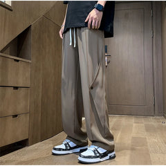 Bonsir Spring Casual Soft Solid Men Cool Boys Drawstring Waist  Long Wide-legged Floor-length Straight-legged Pants Irregularly Button