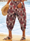 BONSIR  -  Summer Vintage Boho Graphic Belt Tie-up Pants Men Casual Loose Breathable Cotton Printed Shorts pocket Beach Shorts Men