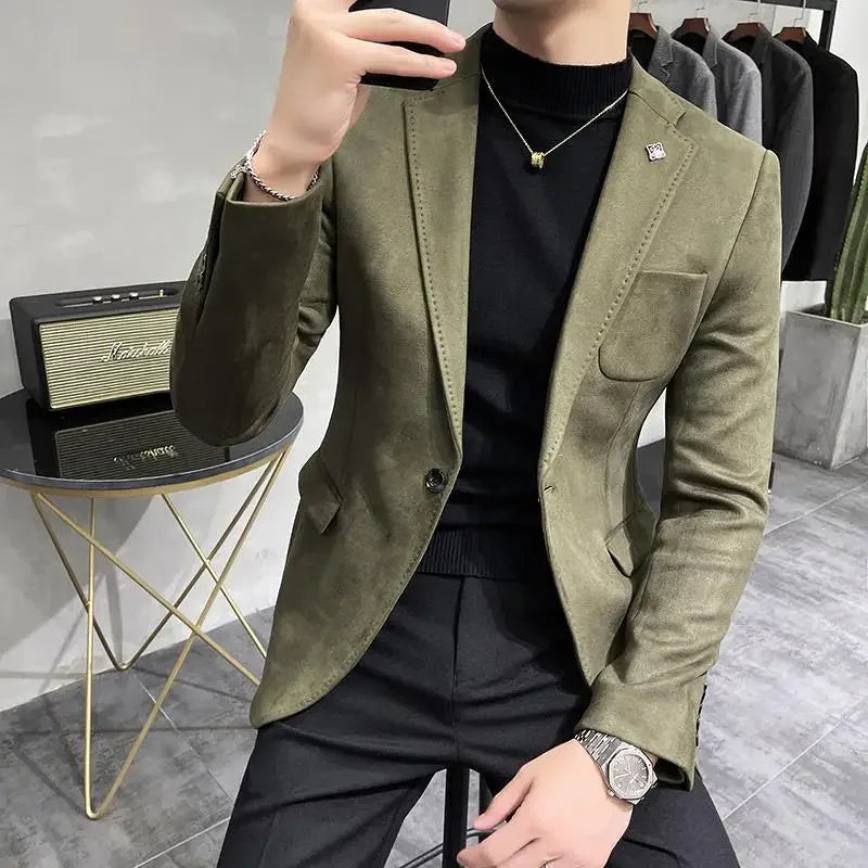 Bonsir Autumn Winter Velvet Blazers Jacket Men Business Slim Fit Casual Suit Coat High Quality Deerskin Fashion Men Suit Jacket