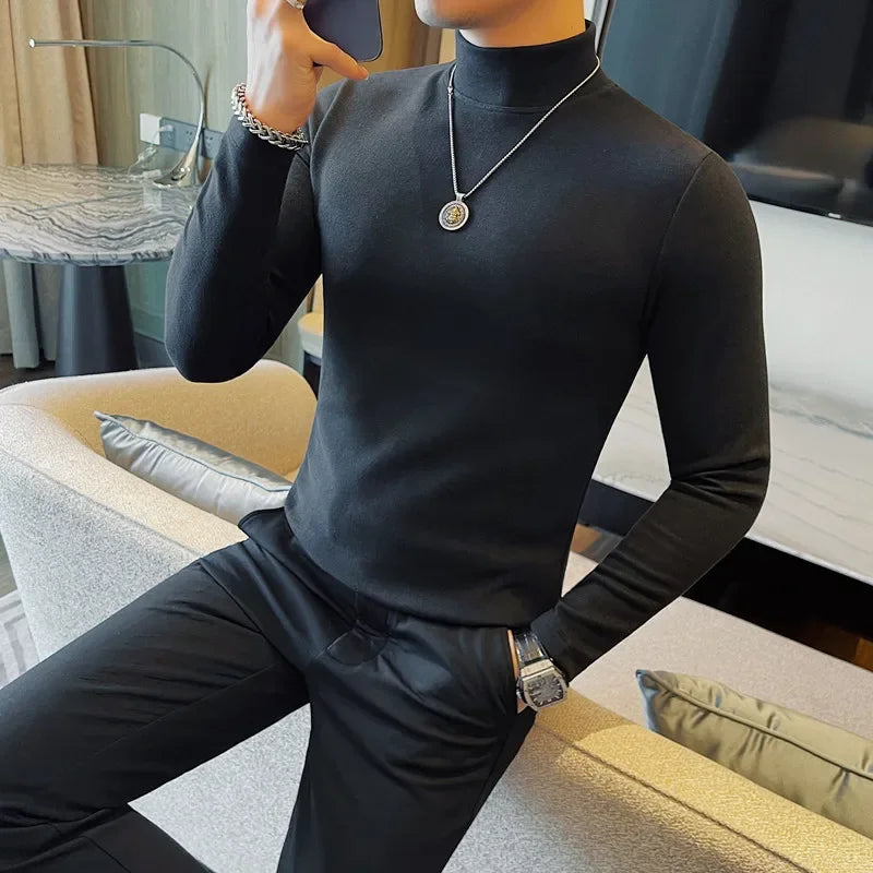 Bonsir Autumn Winter New Velvet T-Shirts Men High Neck Solid Color Long Sleeve T Shirt Fashion Korean Slim Fit Casual Tees Men Clothing