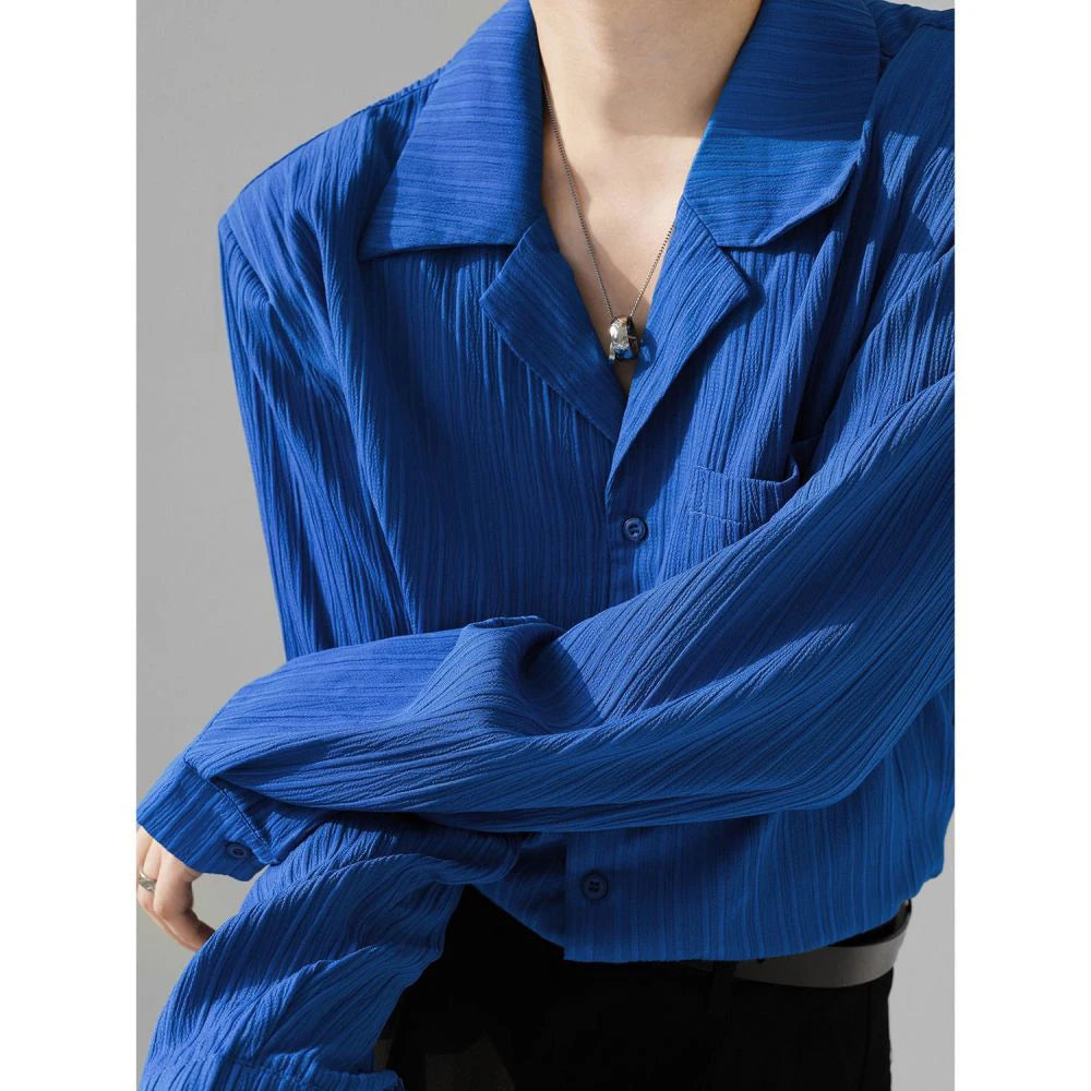 Bonsir Solid Notched Neck Texture Shirt Sunscreen Blue White Spring Summer Long Sleeve Pocket Mens Blouse'