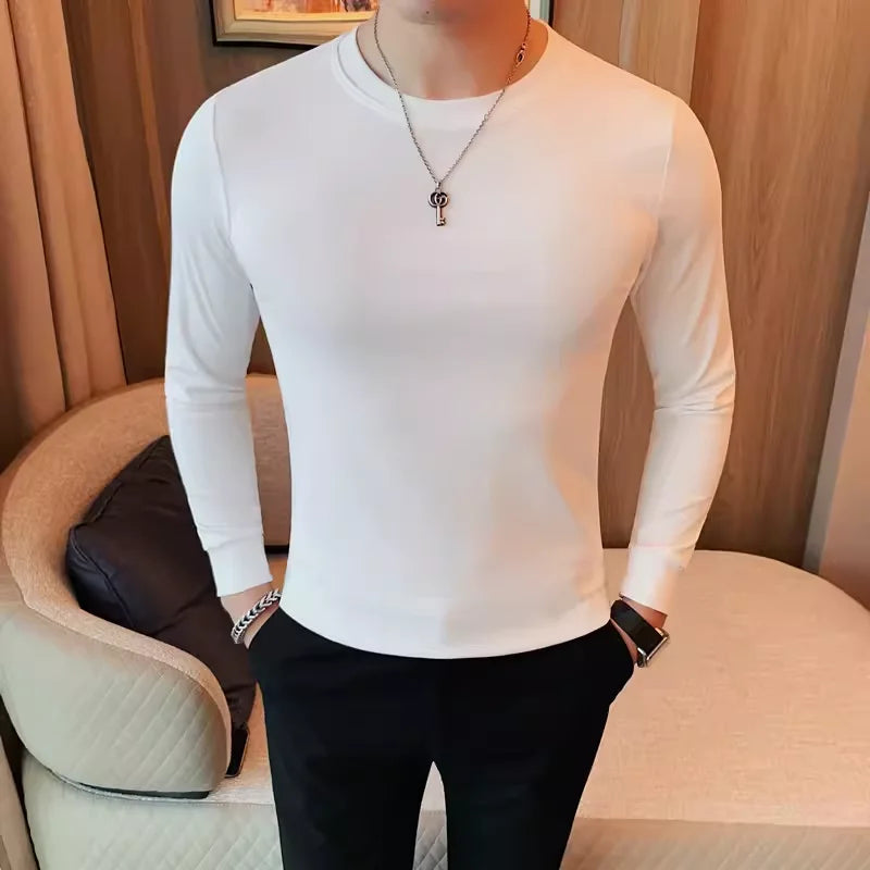 Bonsir Autumn Winter Men's Round Neck Long Sleeve T Shirts Men Solid Color Slim Fit Casual Elastic Warm Versatile Tee Shirt