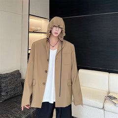 Bonsir Men's Suit Jacket Hooded Single Breasted Casual Male Solid Color Clothing Autumn New Loose Hoodie Blazers