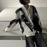 Bonsir Mens Sweater Black White Contrast Knitted Sweater Streetwear Japanese Dark Campus Cardigan Long Sleeve Jacket Men'S Clothing