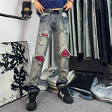 BONSIR  -  Summer New Men's Ripped Contrast Color Denim Pants Y2k Harajuku American Trend Retro Fashion Hip-hop Niche Loose Men Bottom