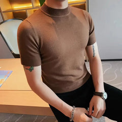 Bonsir Autumn Short Sleeve Sweater For Men High Quality Fashion Solid Slim Fit Pullovers Half High Neck Elastic Knitted Casual T Shirt