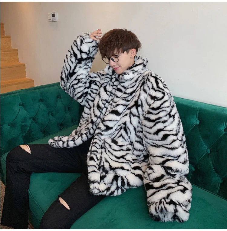 Bonsir Men Winter Faux Fur Furry Coat Loose Male Leopard Print Tiger Stripe Jacket Oversize Boys Harajuku Outerwear Xxxl Windbreaker