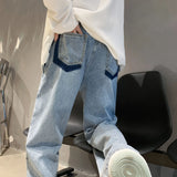 Bonsir High street vibe American trousers, male minority design sense, splicing jeans, overlapping stripes, floor length straight