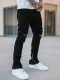 BONSIR  -  Men's Slim Fit Black Jeans - Street Style, Cotton Blend, Mid-Stretch Fabric, Ripped Detail, All-Season Wear
