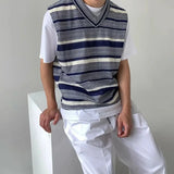 Bonsir Mens Vest Contrast Stripes Casual Knitted Tank Top Summer Streetwear Versatile Beach British Elegant Vest Men'S Clothing